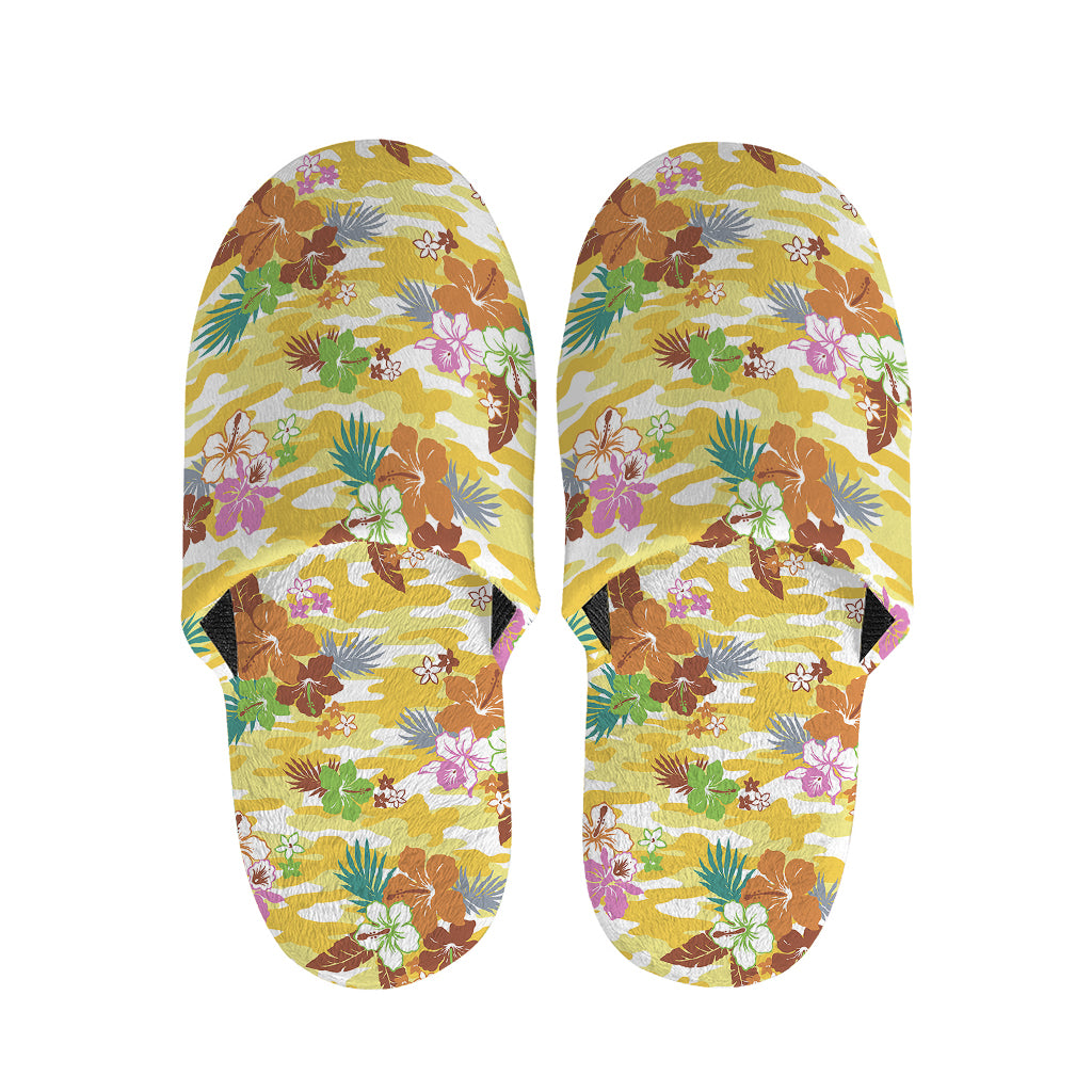 Yellow Camo And Hibiscus Flower Print Slippers