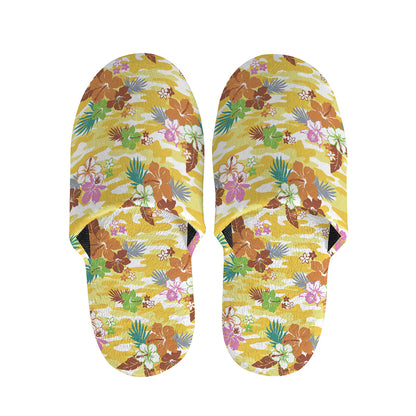 Yellow Camo And Hibiscus Flower Print Slippers