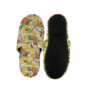 Yellow Camo And Hibiscus Flower Print Slippers