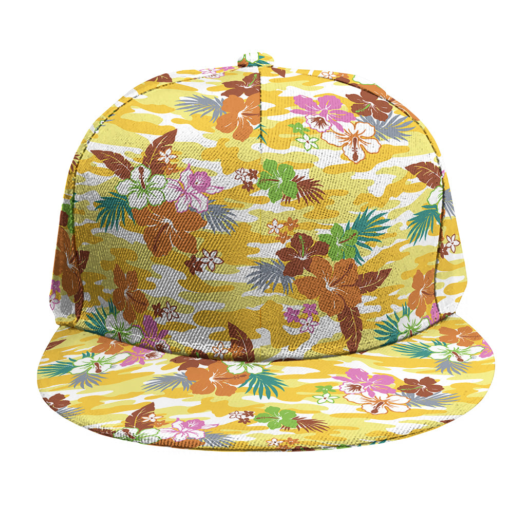 Yellow Camo And Hibiscus Flower Print Snapback Cap