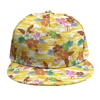 Yellow Camo And Hibiscus Flower Print Snapback Cap