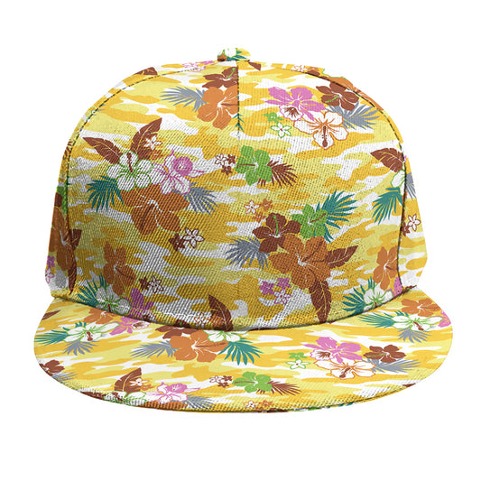 Yellow Camo And Hibiscus Flower Print Snapback Cap
