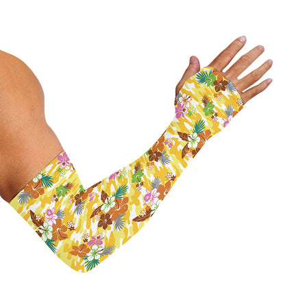 Yellow Camo And Hibiscus Flower Print Sun Protection Arm Sleeves