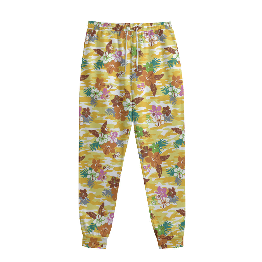 Yellow Camo And Hibiscus Flower Print Sweatpants