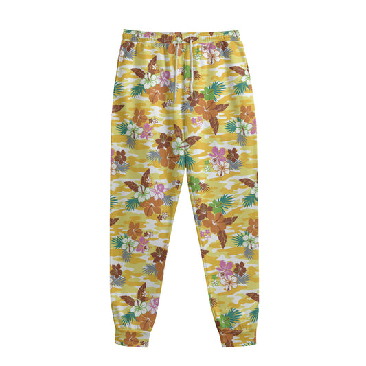 Yellow Camo And Hibiscus Flower Print Sweatpants