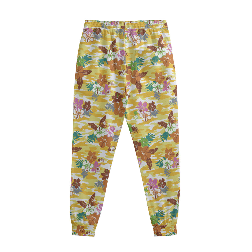 Yellow Camo And Hibiscus Flower Print Sweatpants