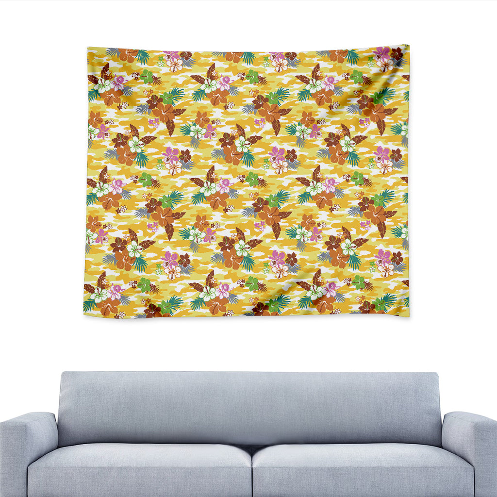Yellow Camo And Hibiscus Flower Print Tapestry