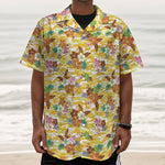Yellow Camo And Hibiscus Flower Print Textured Short Sleeve Shirt