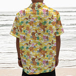Yellow Camo And Hibiscus Flower Print Textured Short Sleeve Shirt