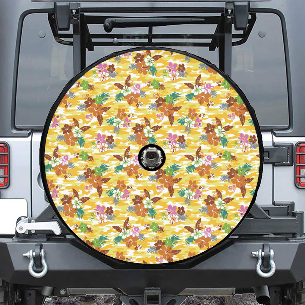 Yellow Camo And Hibiscus Flower Print Tire Cover With Camera Hole