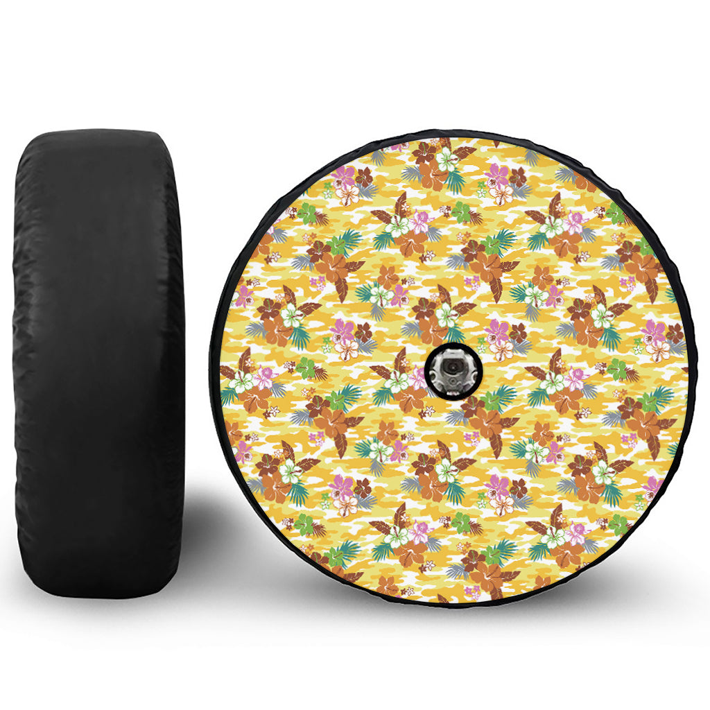Yellow Camo And Hibiscus Flower Print Tire Cover With Camera Hole