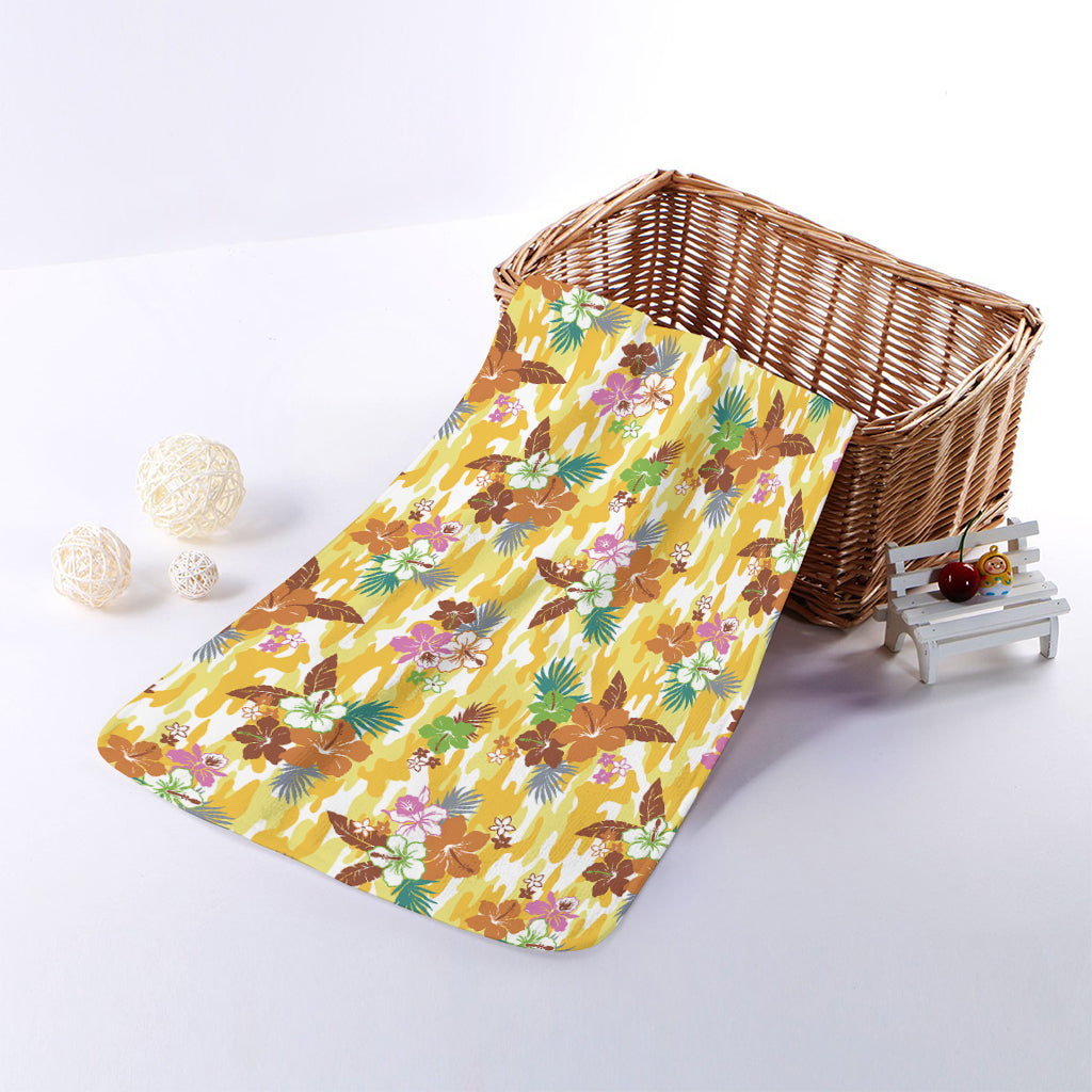 Yellow Camo And Hibiscus Flower Print Towel