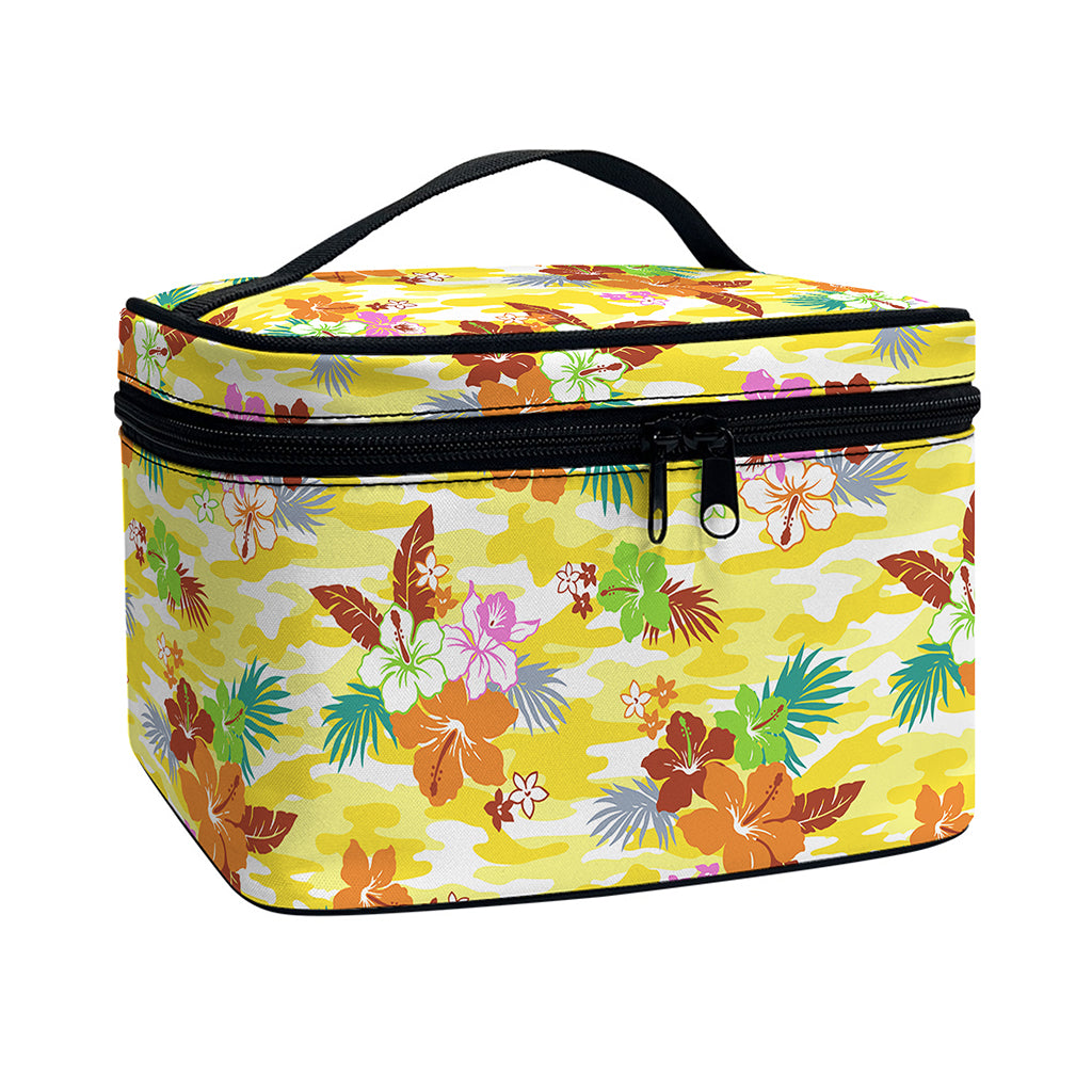 Yellow Camo And Hibiscus Flower Print Travel Makeup Bag