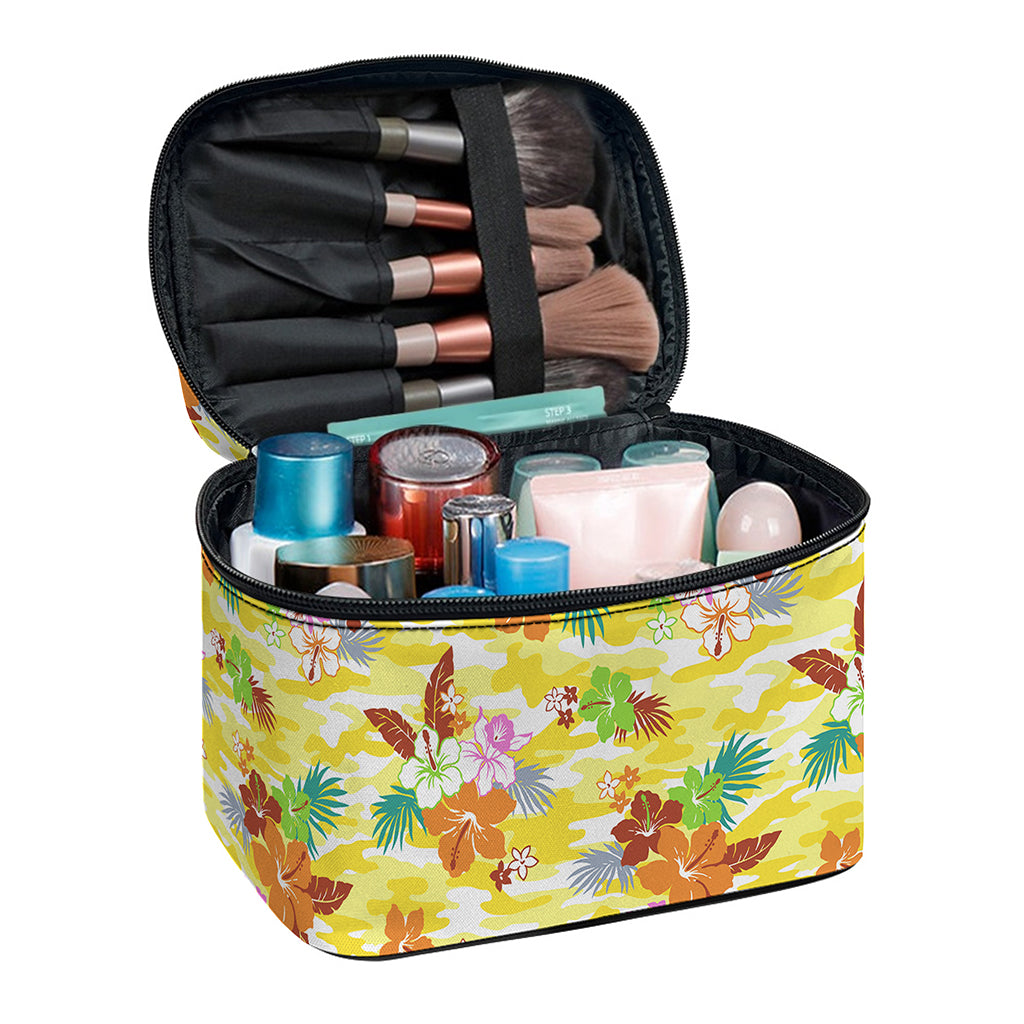 Yellow Camo And Hibiscus Flower Print Travel Makeup Bag