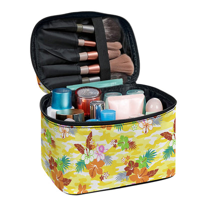Yellow Camo And Hibiscus Flower Print Travel Makeup Bag