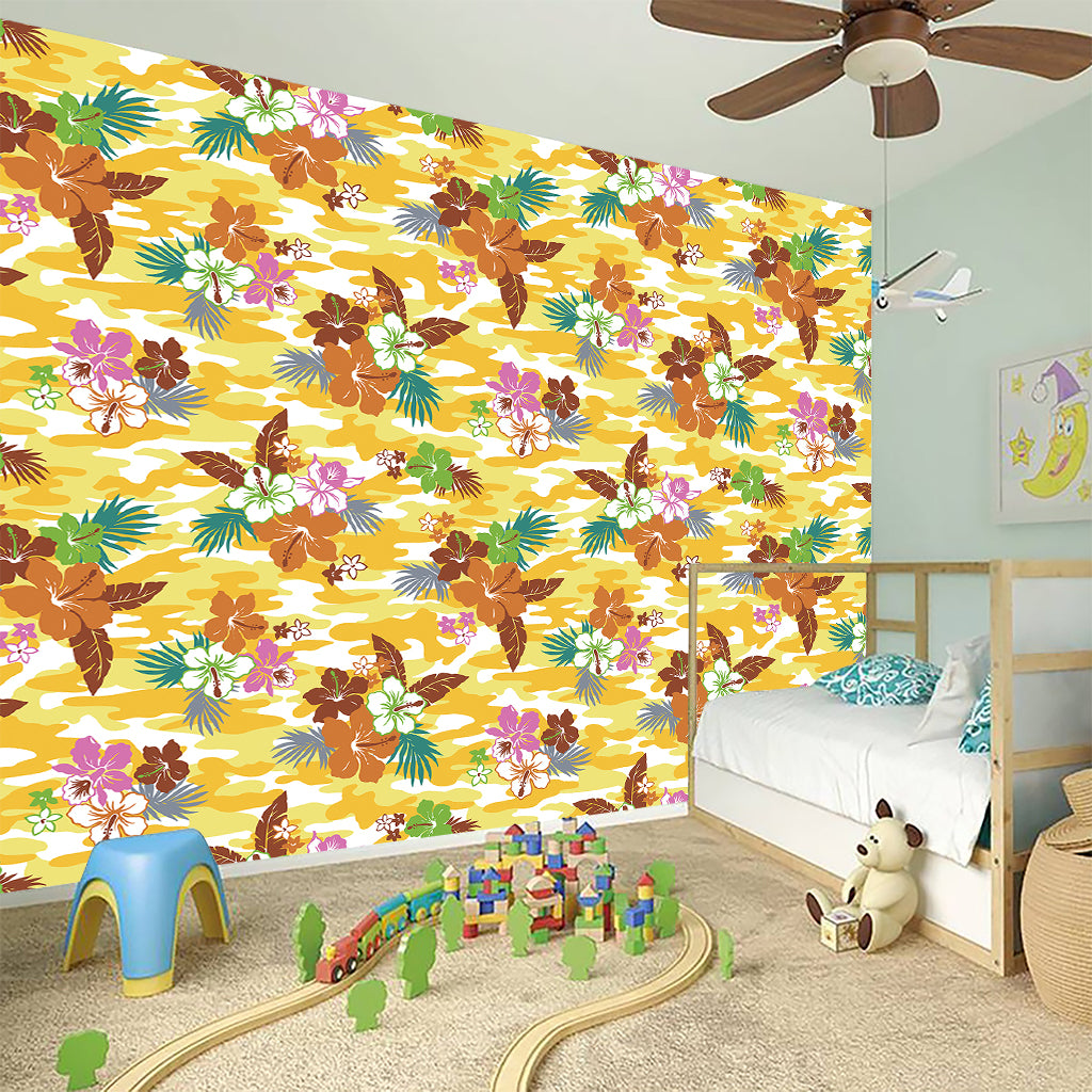 Yellow Camo And Hibiscus Flower Print Wall Sticker