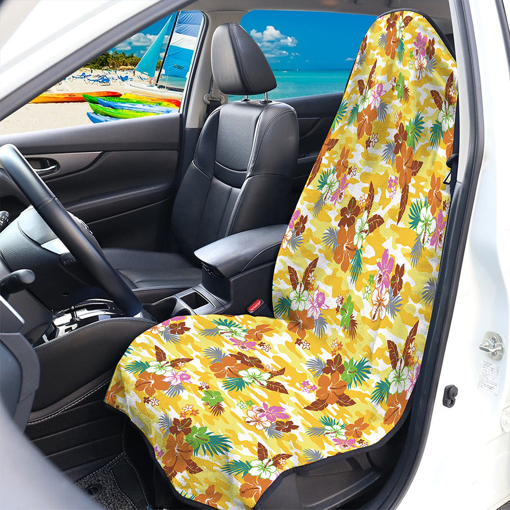 Yellow Camo And Hibiscus Flower Print Waterproof Car Seat Cover