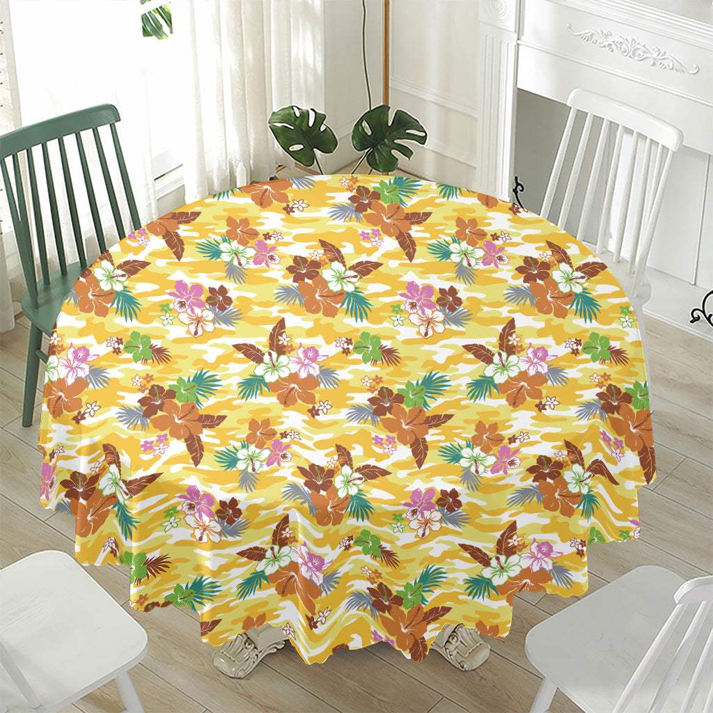 Yellow Camo And Hibiscus Flower Print Waterproof Round Tablecloth
