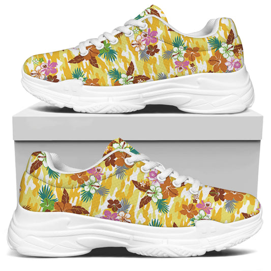 Yellow Camo And Hibiscus Flower Print White Chunky Shoes