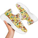 Yellow Camo And Hibiscus Flower Print White Chunky Shoes