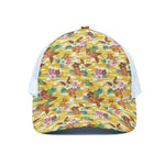 Yellow Camo And Hibiscus Flower Print White Mesh Trucker Cap