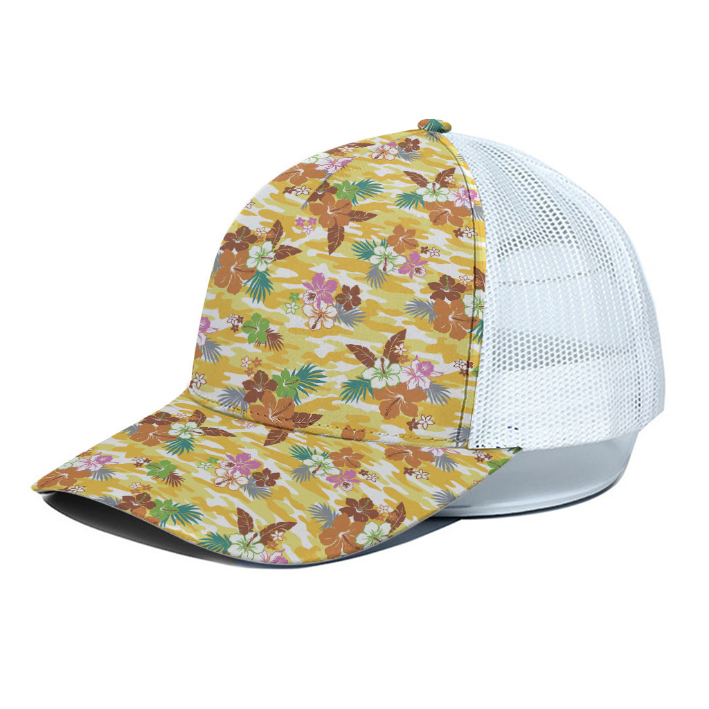 Yellow Camo And Hibiscus Flower Print White Mesh Trucker Cap