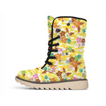 Yellow Camo And Hibiscus Flower Print Winter Boots
