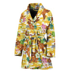 Yellow Camo And Hibiscus Flower Print Women's Bathrobe