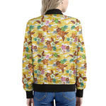 Yellow Camo And Hibiscus Flower Print Women's Bomber Jacket