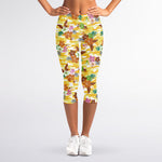 Yellow Camo And Hibiscus Flower Print Women's Capri Leggings