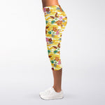 Yellow Camo And Hibiscus Flower Print Women's Capri Leggings
