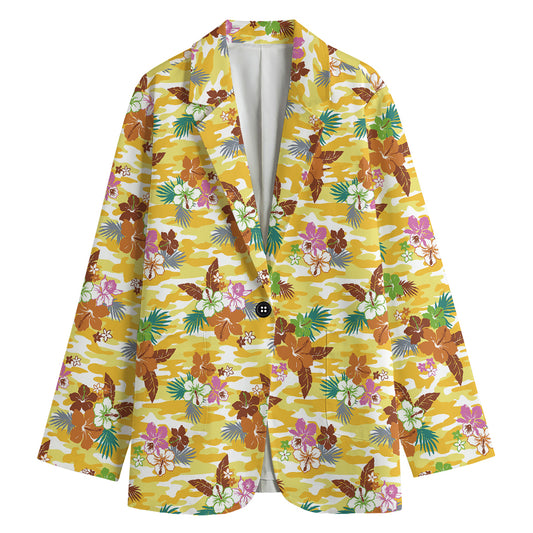Yellow Camo And Hibiscus Flower Print Women's Cotton Blazer