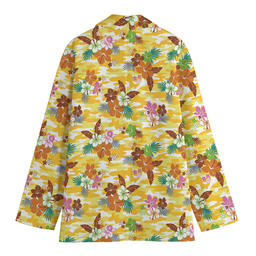 Yellow Camo And Hibiscus Flower Print Women's Cotton Blazer