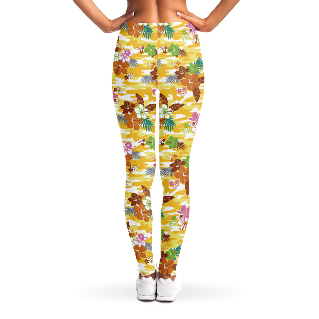 Yellow Camo And Hibiscus Flower Print Women's Leggings