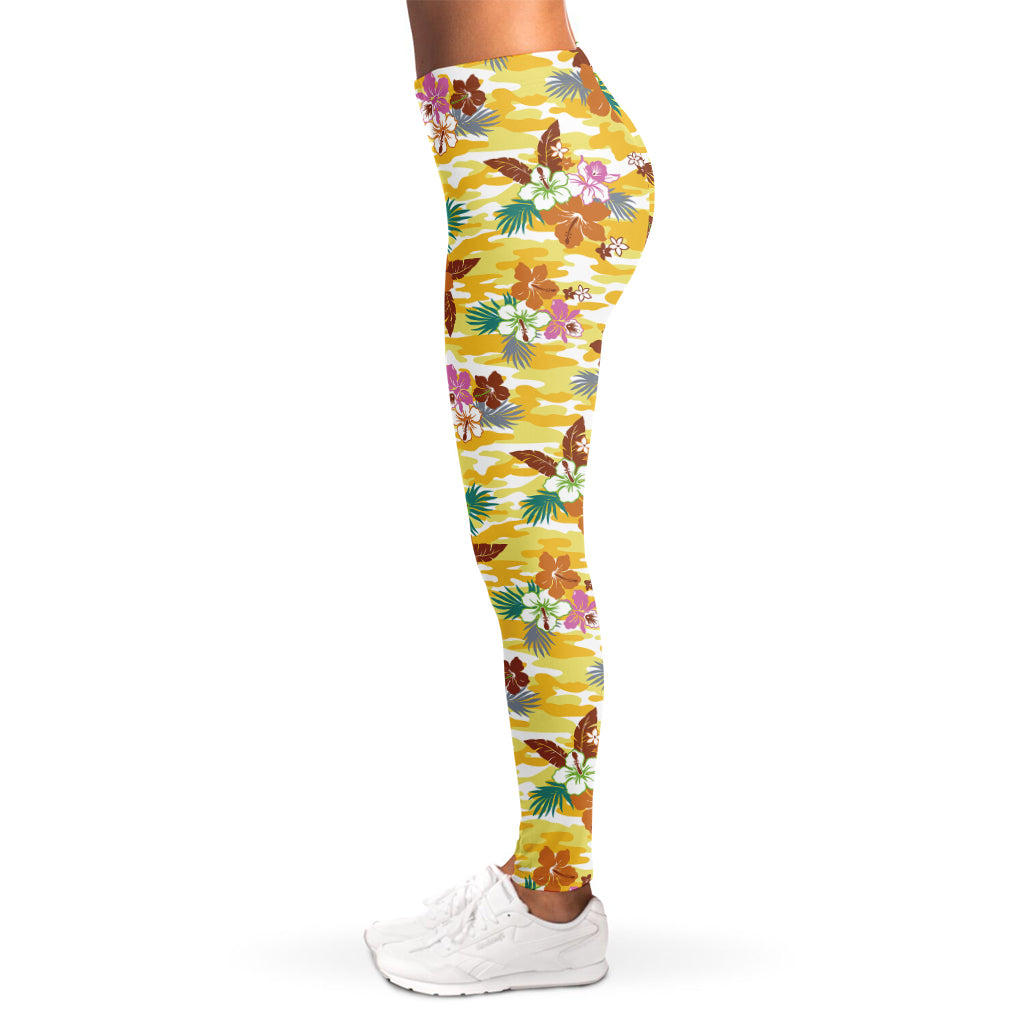 Yellow Camo And Hibiscus Flower Print Women's Leggings