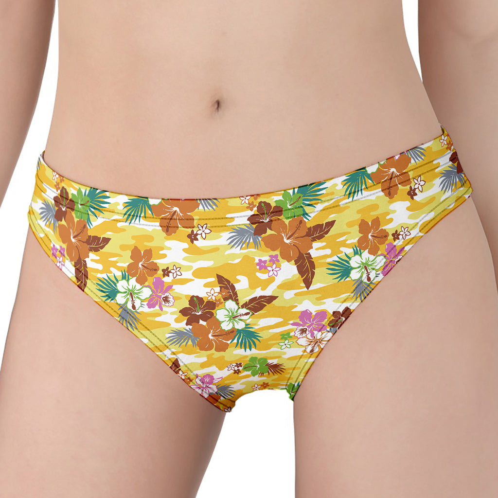 Yellow Camo And Hibiscus Flower Print Women's Panties