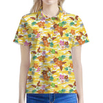 Yellow Camo And Hibiscus Flower Print Women's Polo Shirt