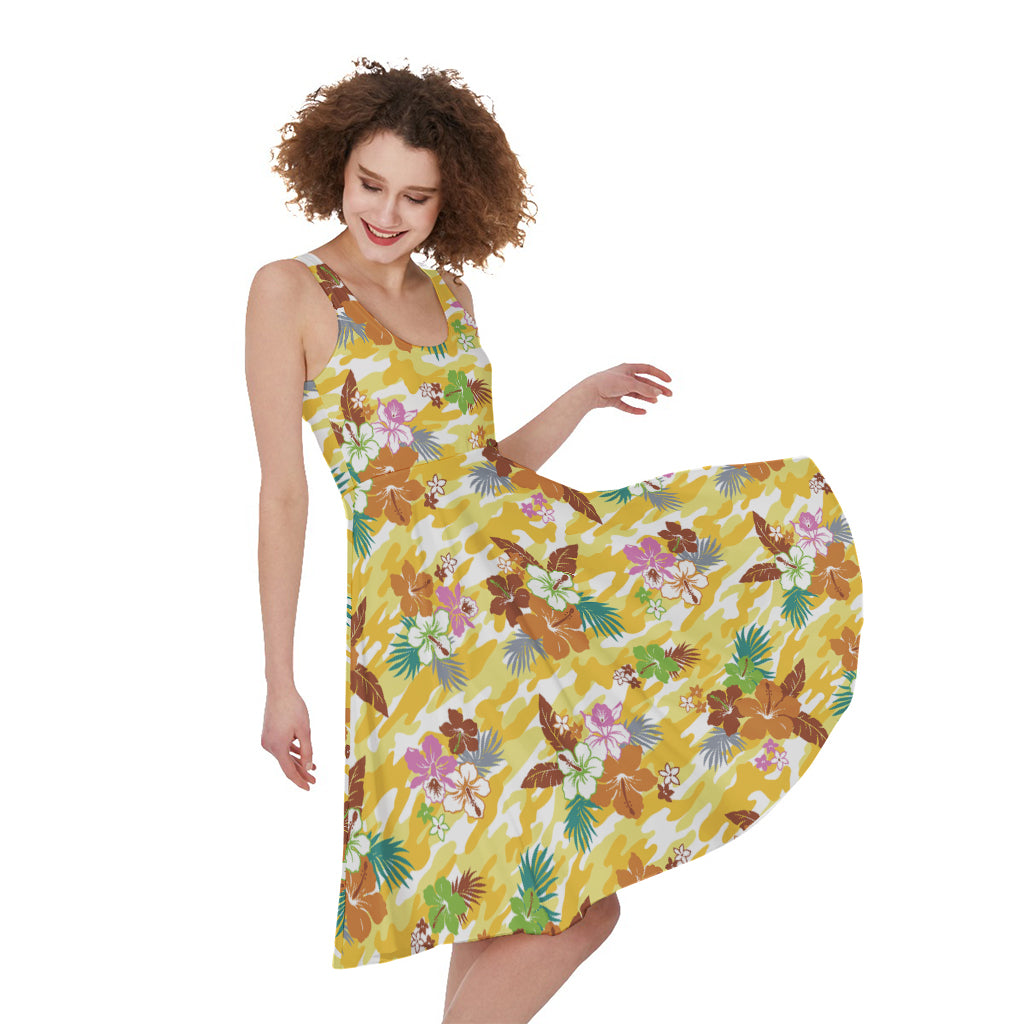 Yellow Camo And Hibiscus Flower Print Women's Sleeveless Dress