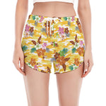 Yellow Camo And Hibiscus Flower Print Women's Split Running Shorts