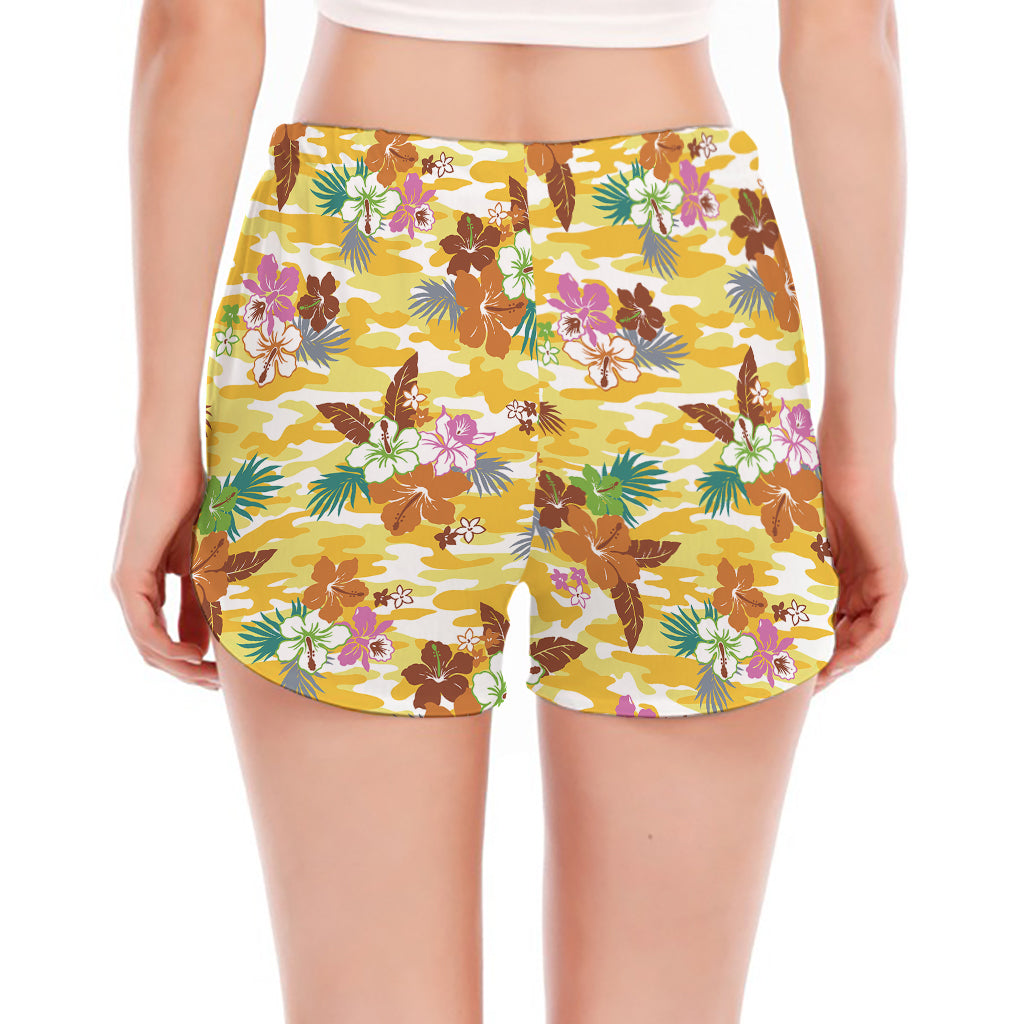 Yellow Camo And Hibiscus Flower Print Women's Split Running Shorts