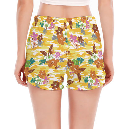 Yellow Camo And Hibiscus Flower Print Women's Split Running Shorts