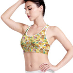 Yellow Camo And Hibiscus Flower Print Women's Sports Bra