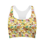 Yellow Camo And Hibiscus Flower Print Women's Sports Bra