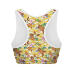 Yellow Camo And Hibiscus Flower Print Women's Sports Bra