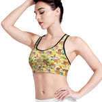 Yellow Camo And Hibiscus Flower Print Women's Sports Bra