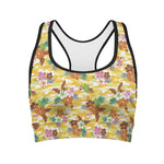 Yellow Camo And Hibiscus Flower Print Women's Sports Bra