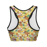 Yellow Camo And Hibiscus Flower Print Women's Sports Bra