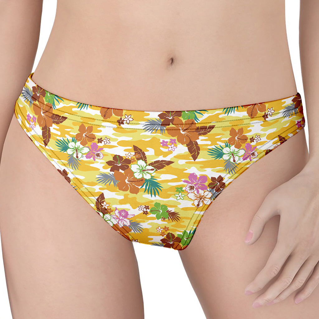 Yellow Camo And Hibiscus Flower Print Women's Thong