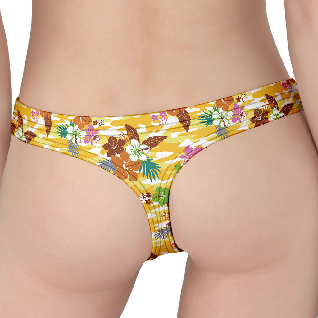 Yellow Camo And Hibiscus Flower Print Women's Thong