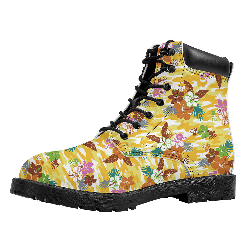 Yellow Camo And Hibiscus Flower Print Work Boots